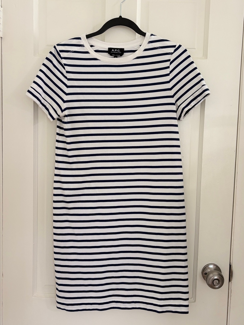 A.P.C. White and Navy Breton Striped Short Sleeve Shift Dress Size XS
